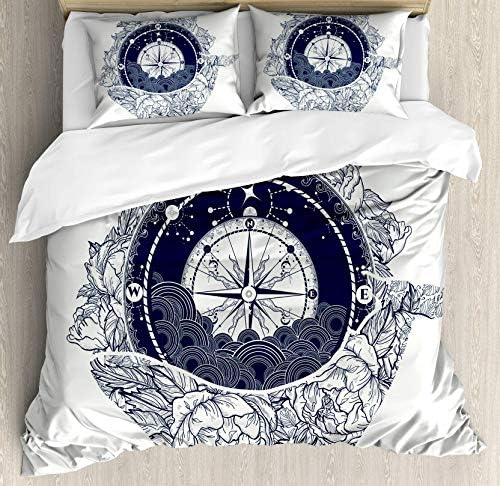 USOPHIA Adventure 4 Pieces Bed Sheets Set Queen Size, Antique Marine Compass and Floral Whale Figure Mystical Victorian Vintage Floral Duvet Cover Set, Dark Blue White