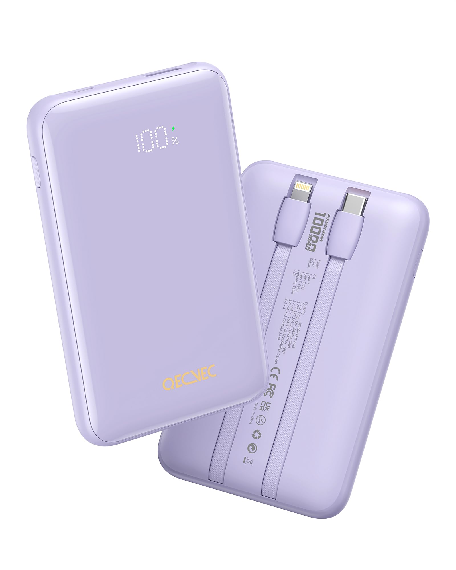 Portable Charger 10000mAh, Cell Phone Portable Power Banks with 22.5W PD Fast Charging, Compact Phone Charger Built in Cable, Compatible with Apple, Samsung, Google, Motorola and More