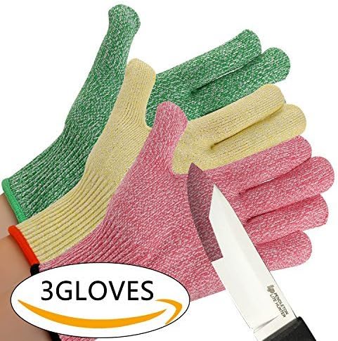 CHYDA 3 Pack Cut Resistant Gloves High Performance Level 5 Protection Food Grade Certified Kitchen and Work Safety Lightweight Breathable (Large, 3-Color)