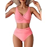 Tainehs Women's Two Piece Bikini Sets V Neck Push Up Swimsuit High Waisted Tummy Control Bathing Suit