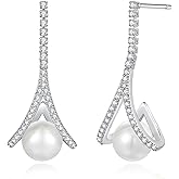 Freshwater Pearl Drop Earrings, 14k Gold Earrings for Women Trendy Pearl Earrings for Women 925 Sterling Silver Pearl Dangle Earrings Cubic Zirconia Hypoallergenic Wedding Earrings