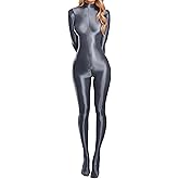 FEOYA Women's Oil Shiny Bodysuit See Through Glossy Sheer Long Sleeve Catsuit Zipper Jumpsuits