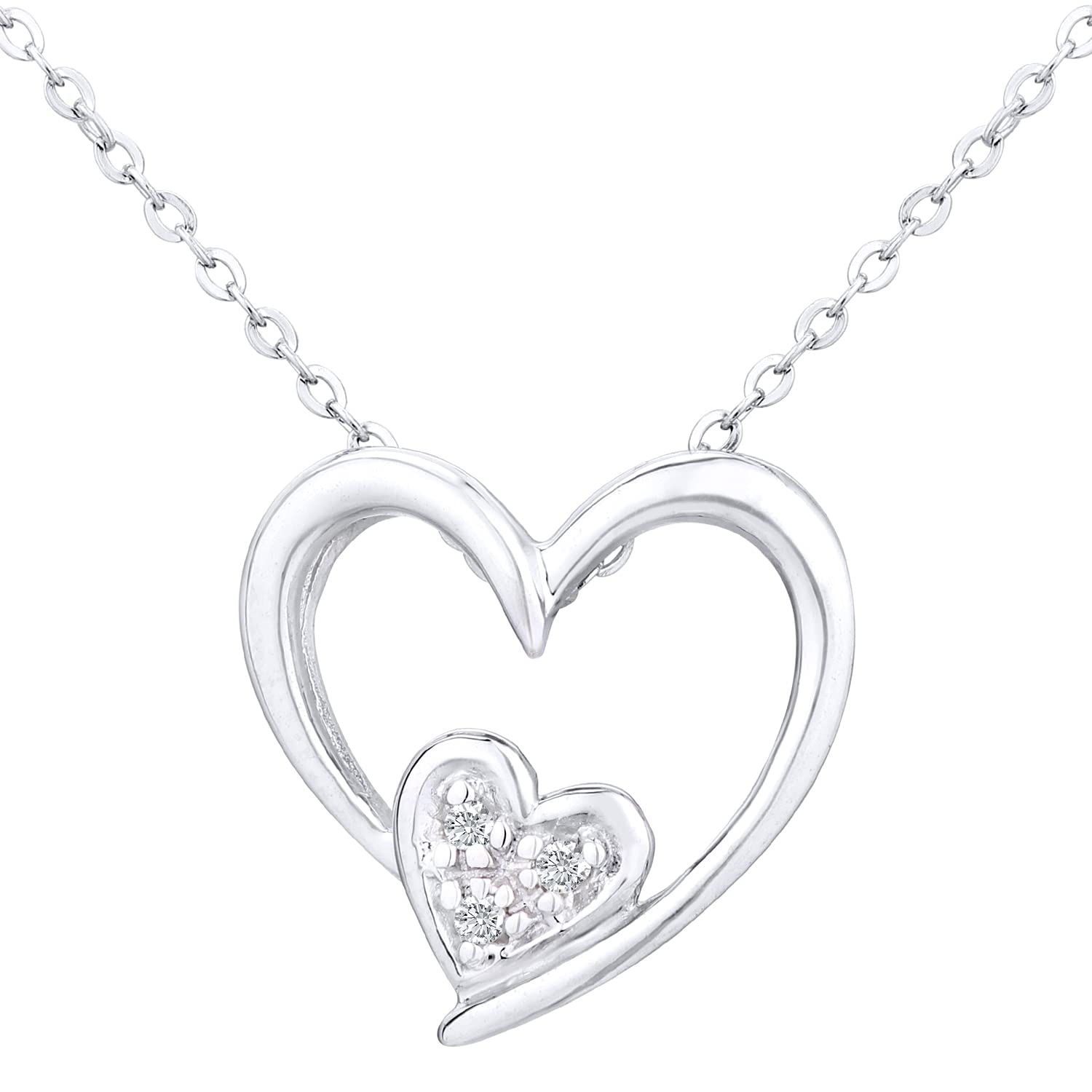 Elegano 9ct White Gold Women’s Necklace - Double Heart with Diamond Pendant