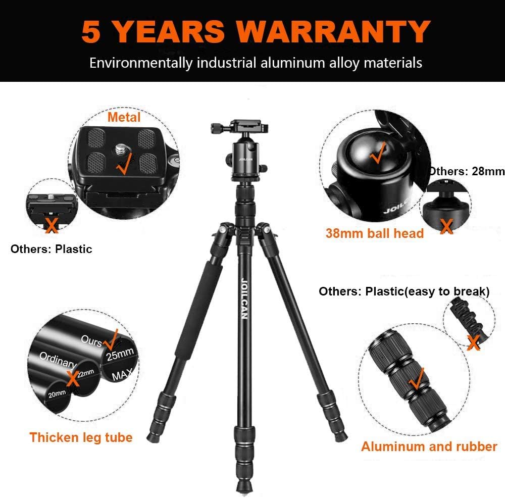 Joilcan 80-inch Tripod for Camera, Aluminum Tripod for DSLR, Monopod, Lightweight Tripod with 360 Degree Ball Head Stable for Travel and Work 18.5"-80", 19lb Load (Black) : Camera & Photo