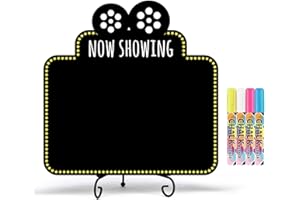 TIPTREK Movie Night Accessories, Now Showing Blackboard Family Movie Theater Decor for Home, Outdoor and Movie Parties, with 1 Chalkboard, 1 Metal Stand and 4 Chalk Markers
