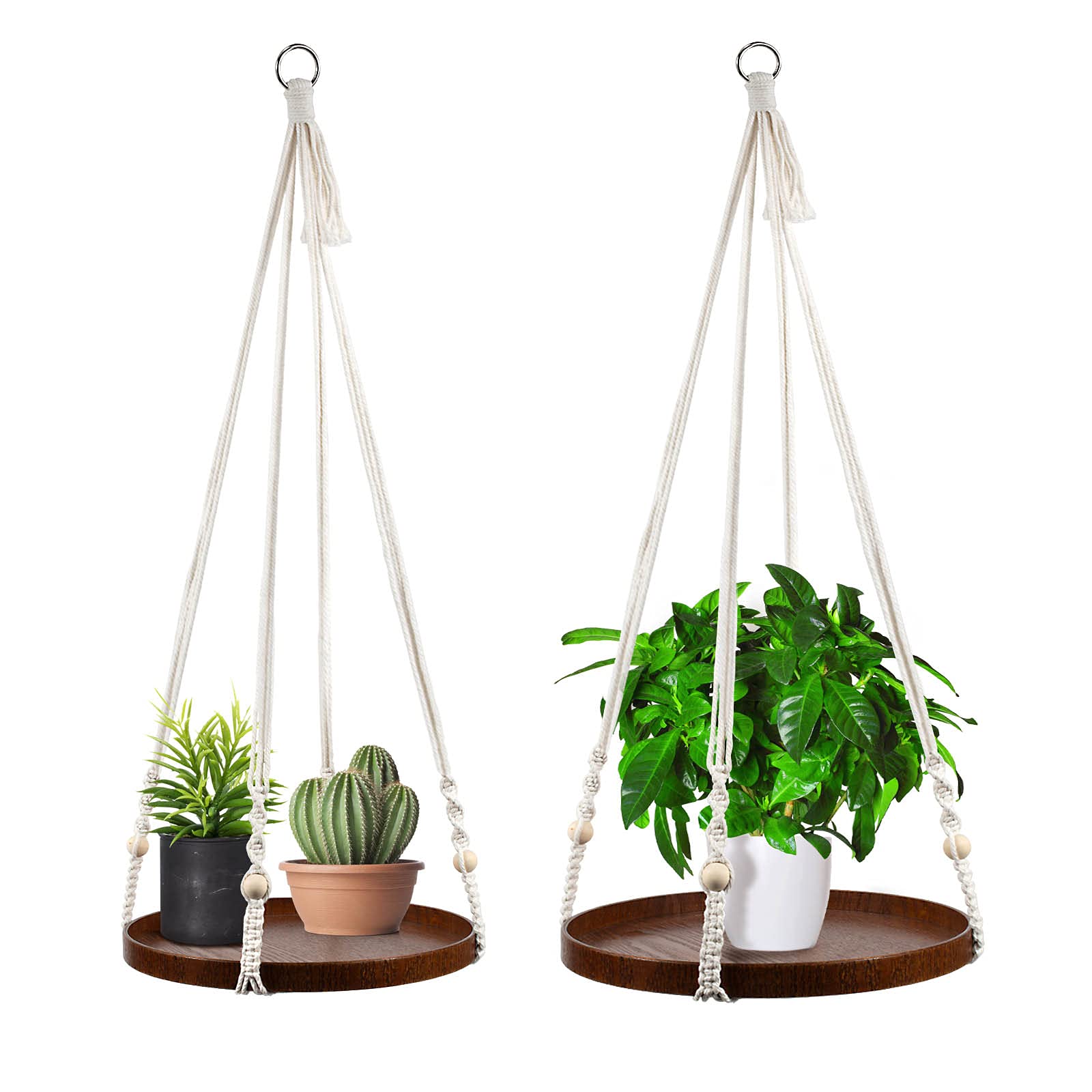 Photo 1 of E-Know Macrame Plant Hanger - 2 Set Indoor Hanging Planter Shelf - Hanging Planter Rack Decorative Flower Pot Holder - Handmade Cotton Plant Hangers with Wood Tray Boho Home Decor