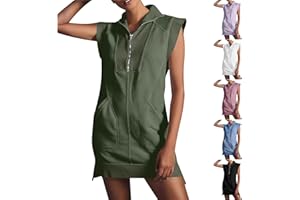 GOHRSHA Womens Half Zip Sweatshirt Mini Dresses V Neck Collared Cap Sleeve T Shirt Dress A Line Sleeveless Sporty Tunic Dress