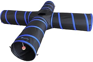 PURRFECT FELINE New Cat tunnel Design, Collapsible 4-way Cat Tunnel Toy with Crinkle (Large, Dark Blue)