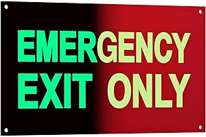 SASELUX Emergency Exit Only Signs - Red photoluminescent Exit Signs Aluminum For Ultimate UV - Pre-drilled Holes Glow In The Dark Sign - 12 x 7 Inches With Easy Mounting (1 Pack)