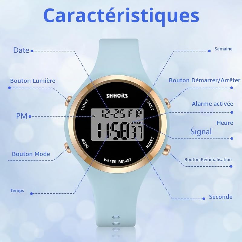 Montre Digitale Femme, LED Montre Numérique avec Chronomètre