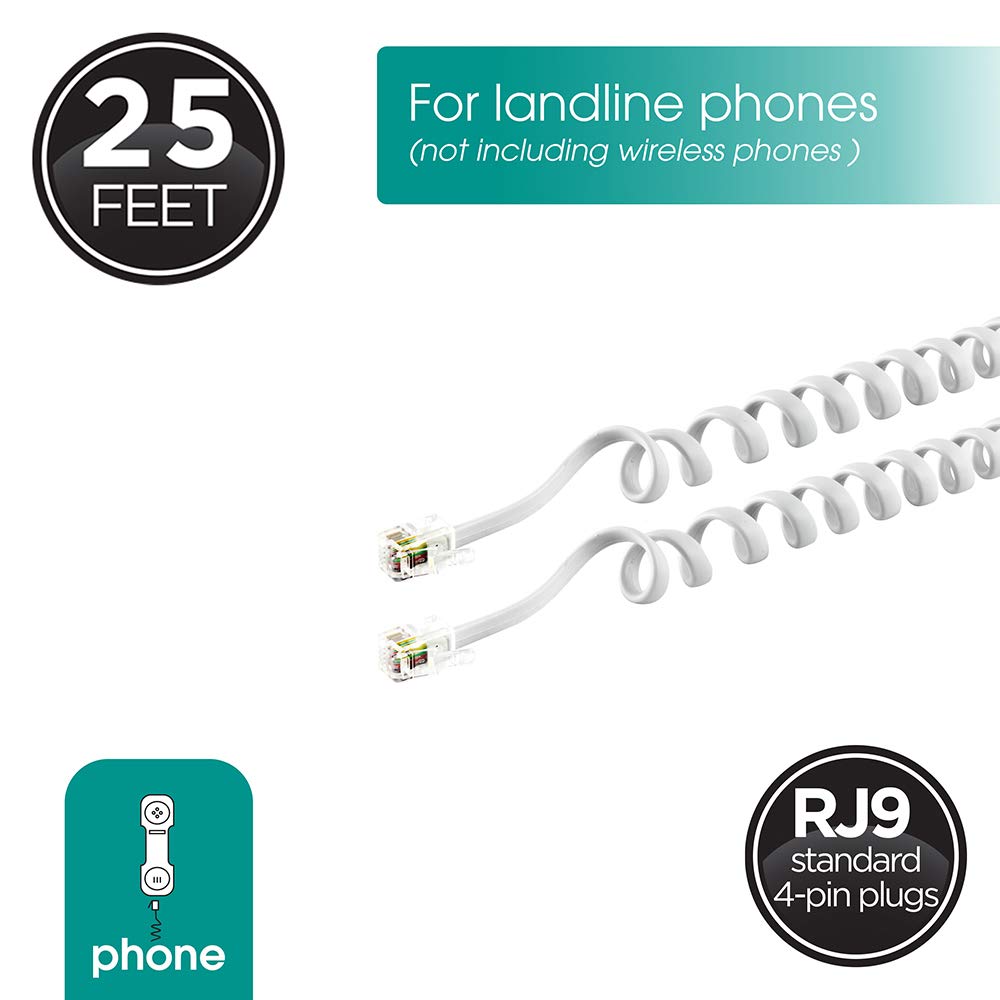 Power Gear Coiled Telephone Cord, 2 Pack, 4 Feet Coiled, 25 Feet Uncoiled, Phone Cord works with All Corded Landline Phones, For Use in Home or Office, White, 46081