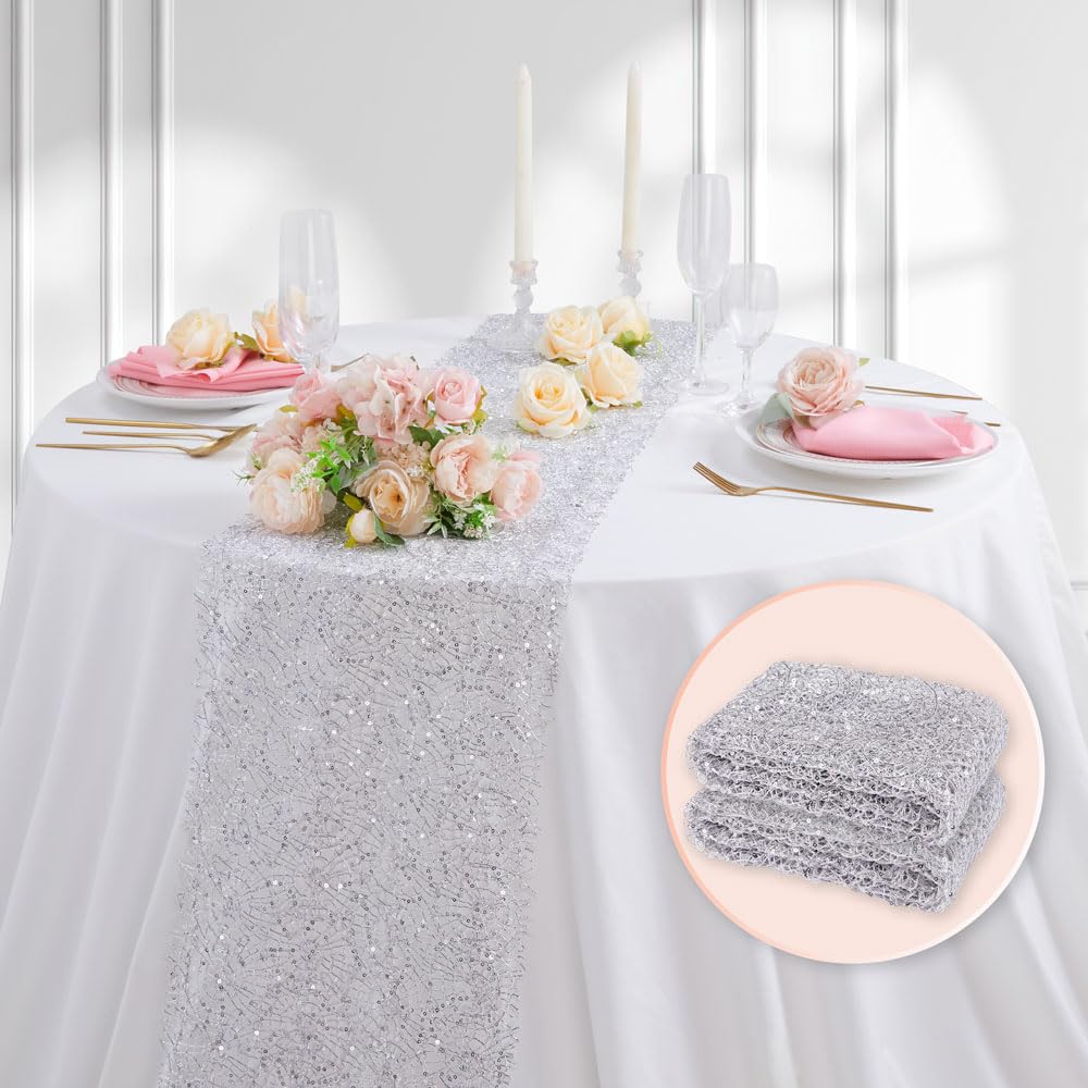 Photo 1 of 2 Pieces Silver Table Runner 12 x 80 Inches Sequin Wedding Table Runner Glitter Roll Silver Rectangle Table Decorations for Party Bridal Baby Shower Birthday Christmas