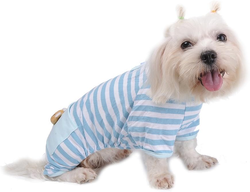 Soft Cotton Pet Dog Pajamas Strip Jumpsuit Cute Dog Cat Clothes Apparel for Summer Cool Weather (XL, Blue Strip)