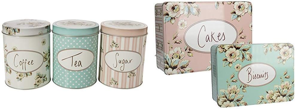 Katie Alice “Cottage Flower” 3 Piece Set of Large Coffee, Sugar & Tea Storage Tins by Creative Tops – 4.21" x 5.1" & Alice “Cottage Flower” 2 Piece Metal Cake and Biscuit Rectangular Tins