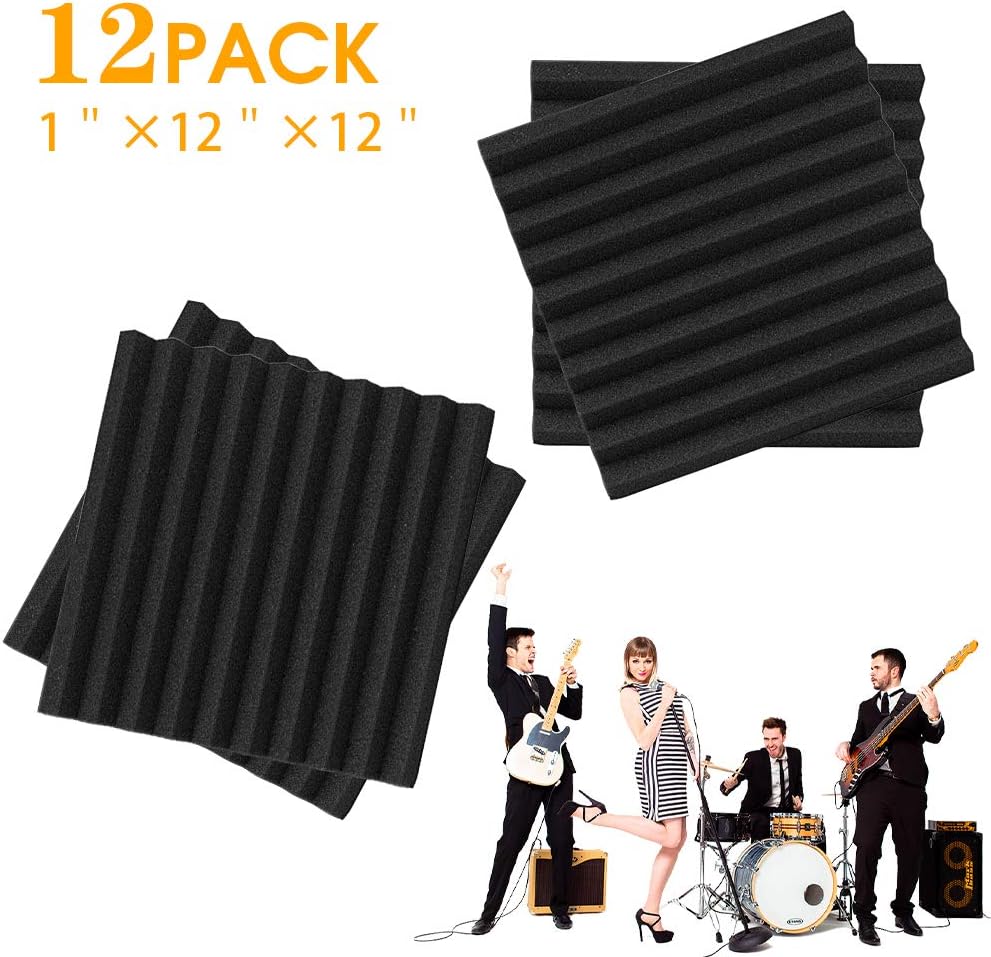 (12 PACKS)-Acoustic Foam Panels Sound Damping Tile, Studio Piano Room Sound Absorbing Echo Reduction Foam Tile, 1" X 12" X 12" (black)