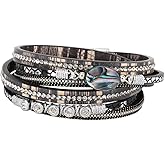 Emibele Layered Leather Bracelet, Rivet Leopard Print Bohemian Style Multilayer Wrap Bracelet, Handmade Agate Amethyst Chakra Crystal Glass Beaded Shell Bracelet for Women