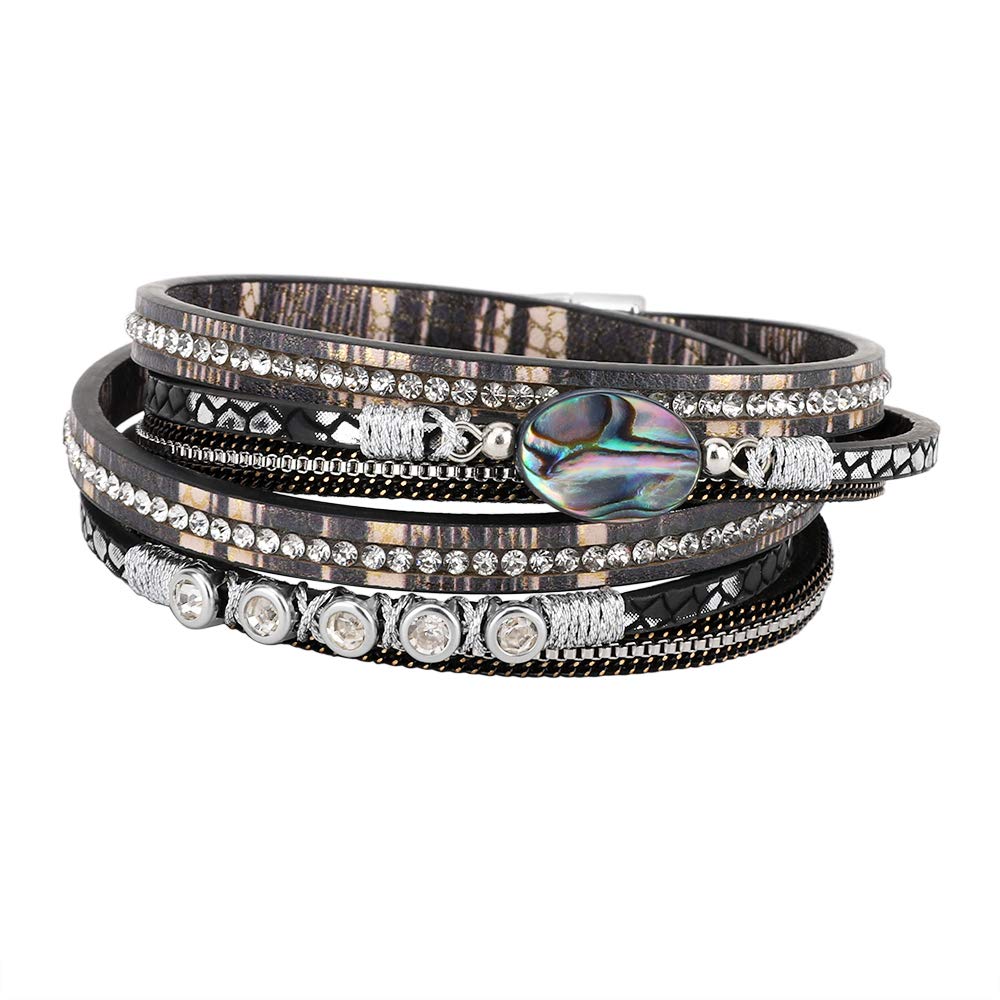 Emibele Layered Leather Bracelet, Bohemian Style Multilayer Wrap Bracelet with Abalone Element and Diamond for Women Ladies Adult - Black