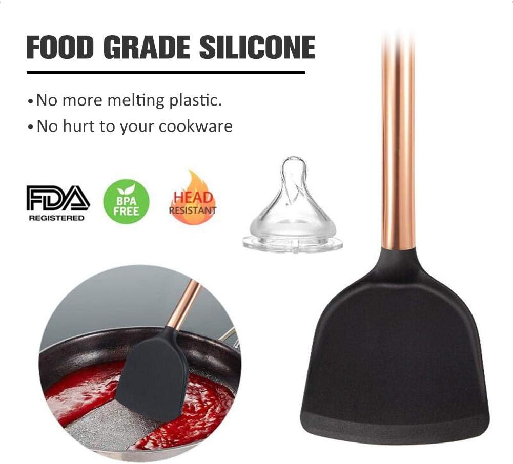 Noir Jiang Hui Lot De 11 Ustensiles De Cuisine En Silicone Plaque Cuivre Avec Poignee En Silicone Antiadhesif A Silicone Palettes