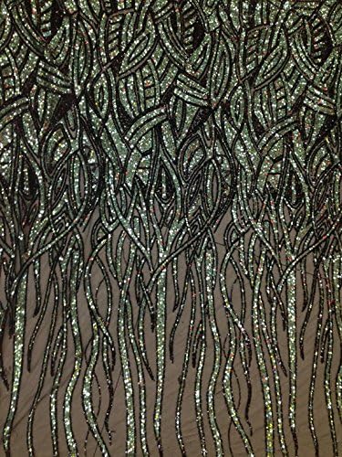 51'' Green with Black Sequins on Black Mesh Embroidered Lace Fabric for Dress Lace Fabrics (5 Yards 1pc) (15 yards 1pc)