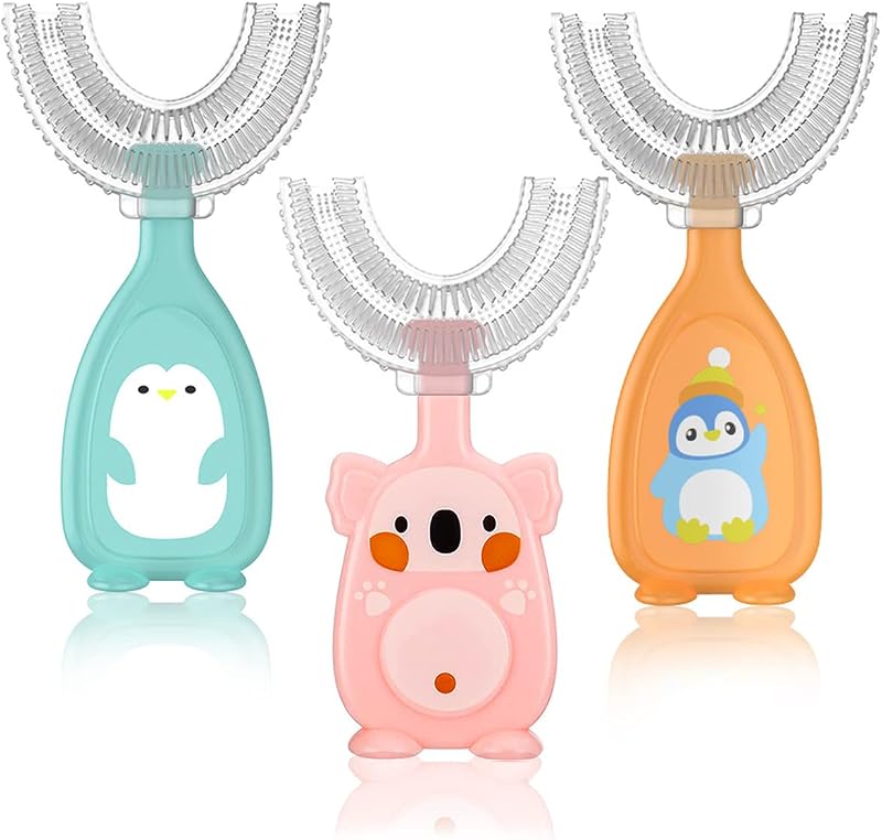 Fantasyon 3 Pack U-Shaped Kids Toothbrushes Food Grade Silicone 2-6 Years