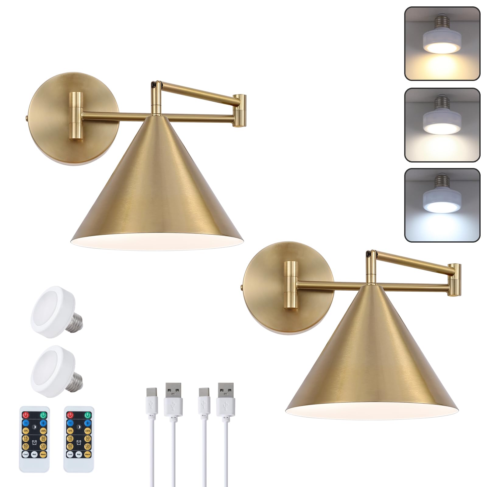 Photo 1 of ZCPULS Rechargeable Swing Arm Wall Sconces Set of 2,Gold Battery Operated Wireless Dimmable 3 Color Wall Light with Remote,Cone Indoor Light Fixture for Bedside,Kitchen,Hallway,Living Room,Reading