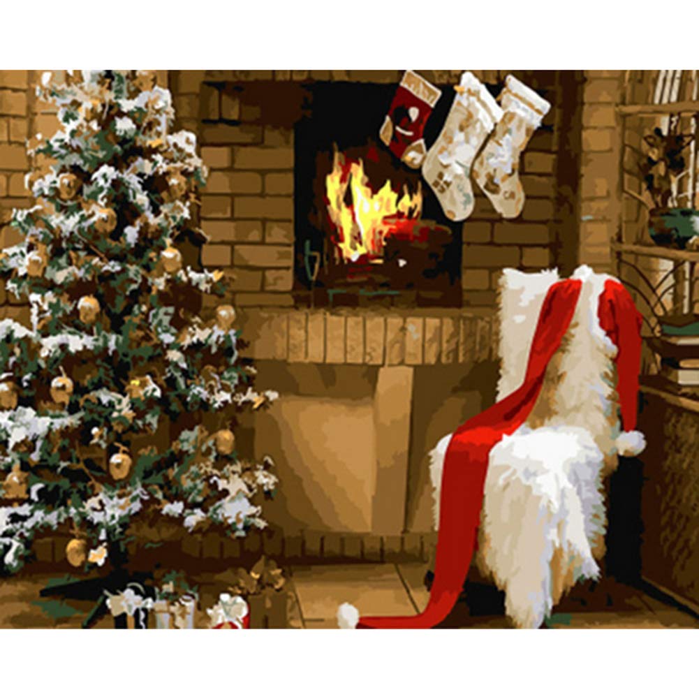 ABEUTY DIY Fabric Decorating Kits, Paint by Numbers Christmas Tree Fireplace Living Room 16x20 inches Number Painting Wall Art (Christmas Tree, Framed Canvas)