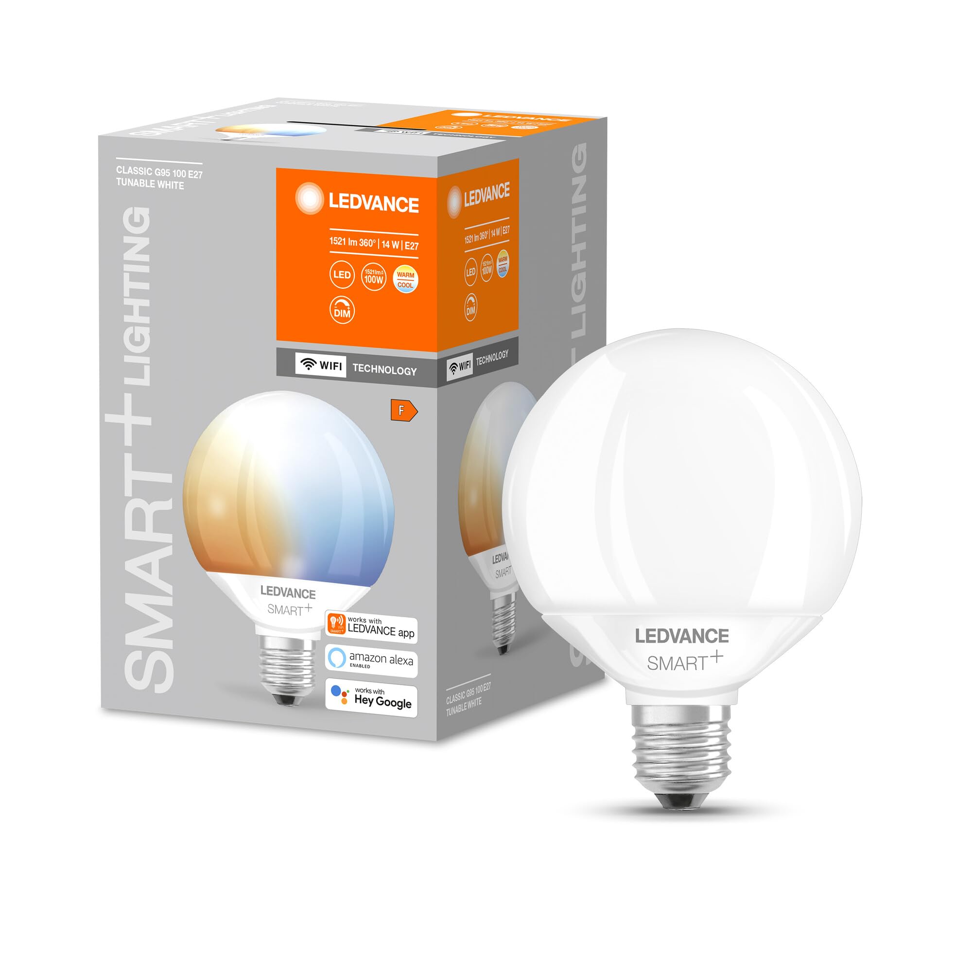 LEDVANCE Smarte LED-Lampe mit Wifi Technologie, Sockel E27, Dimmbar, Lichtfarbe änderbar (2700-6500K), Globeform, Matt, Ersatz für herkömmliche 100W-Glühbirnen, steuerbar mit Alexa, Google & App