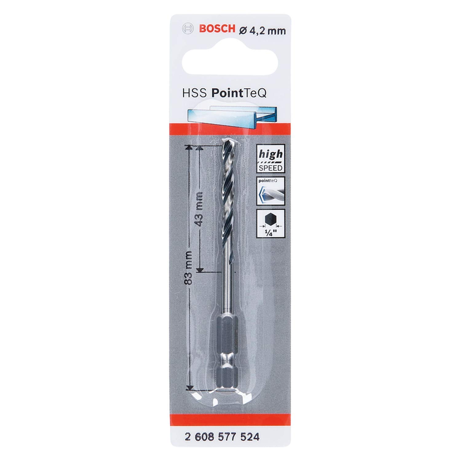 Bosch Professional PointTeQ Hex Drill Bit (for Metal, Ø: 4.2 mm, Total Length: 83 mm, ¼’’ Hex Shank, Accessory for Impact Drivers and Drill Drivers)