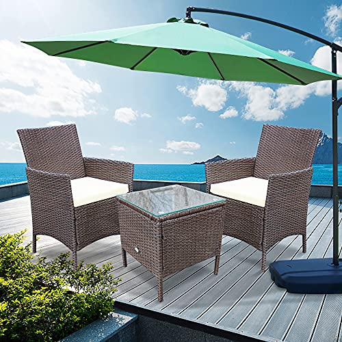 PAOLFOX Patio Conversation Furniture Sets 3pcs PE Rattan Wicker Chairs w/Table Outdoor Garden Sofa Washable Cushion & Tempered Glass Table top for Garden Poolside Balcony (Brown Sets + Beige Cushion)
