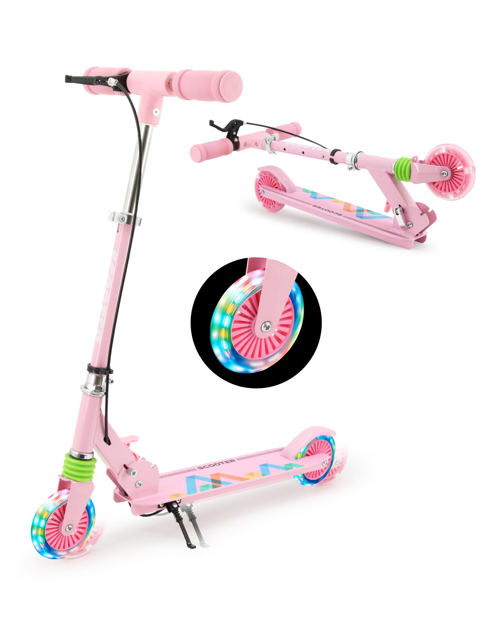 TENBOOM Scooter with Handle Brake for Kids Ages 4-7, Light Up Wheels Gift for Girls Boys Ages 6-12, Easy Folding with 3 Levels Adjustable, Pink