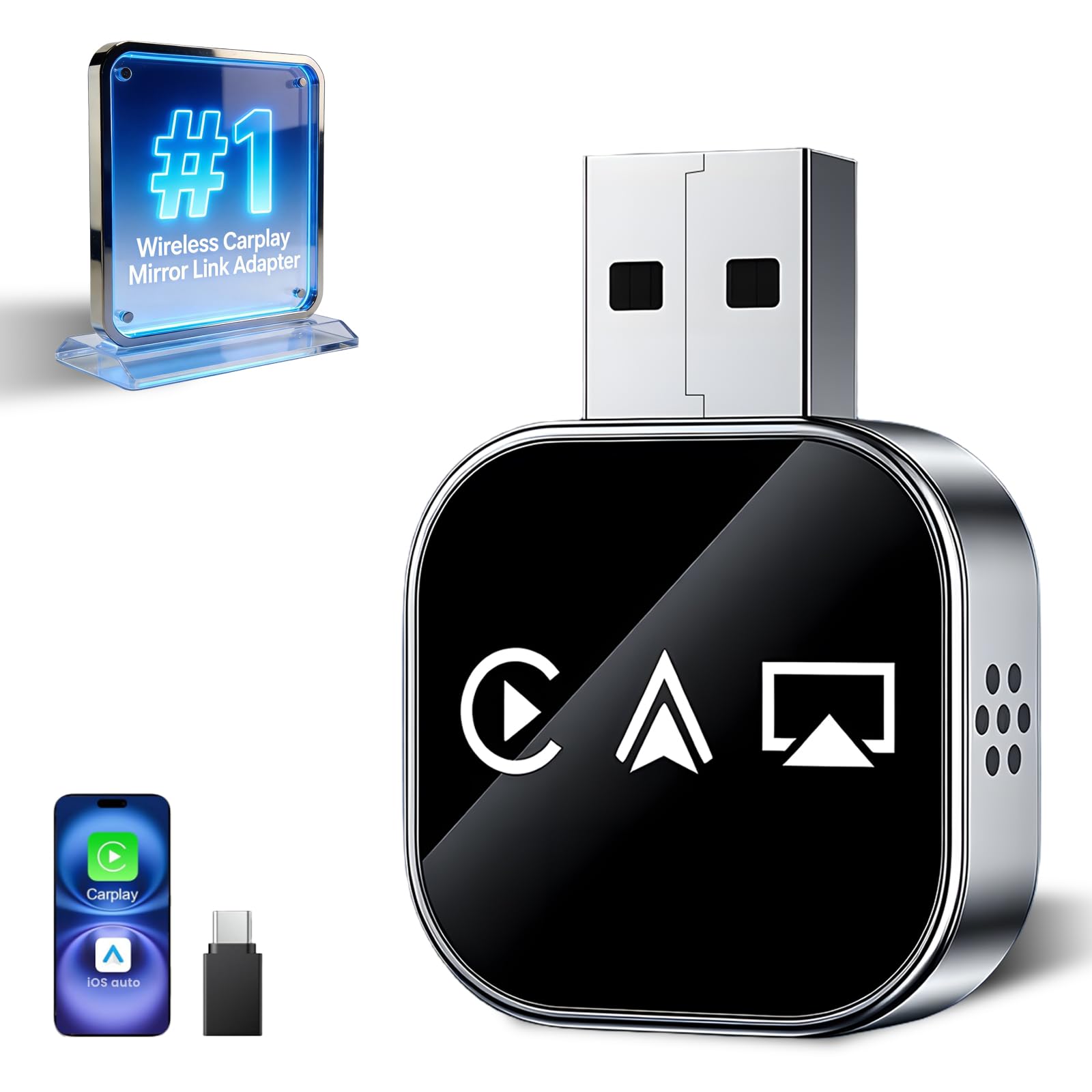 Photo 1 of Wireless Carplay Mirror Link Adapter for Apple 3 in 1 Bluetooth Mirroring iOS Phone to Car Screen Adapter 2026 Wired to Wireless Portable USB Car Play Screen Connector for iPhone to Watch Movies