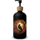 Stelloriellea Fall Halloween Raven Glass Soap Dispenser with Pump | Autumn Gothic Moon Crow Dish Soap Dispenser for Kitchen,Goth Halloween Refillable Bathroom Handsoap Lotion Bottle