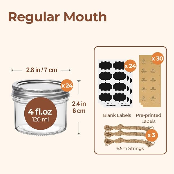 COMSAF 4 OZ MASON JARS BULK SET, 24 PACK REGULAR MOUTH JARS WITH LIDS