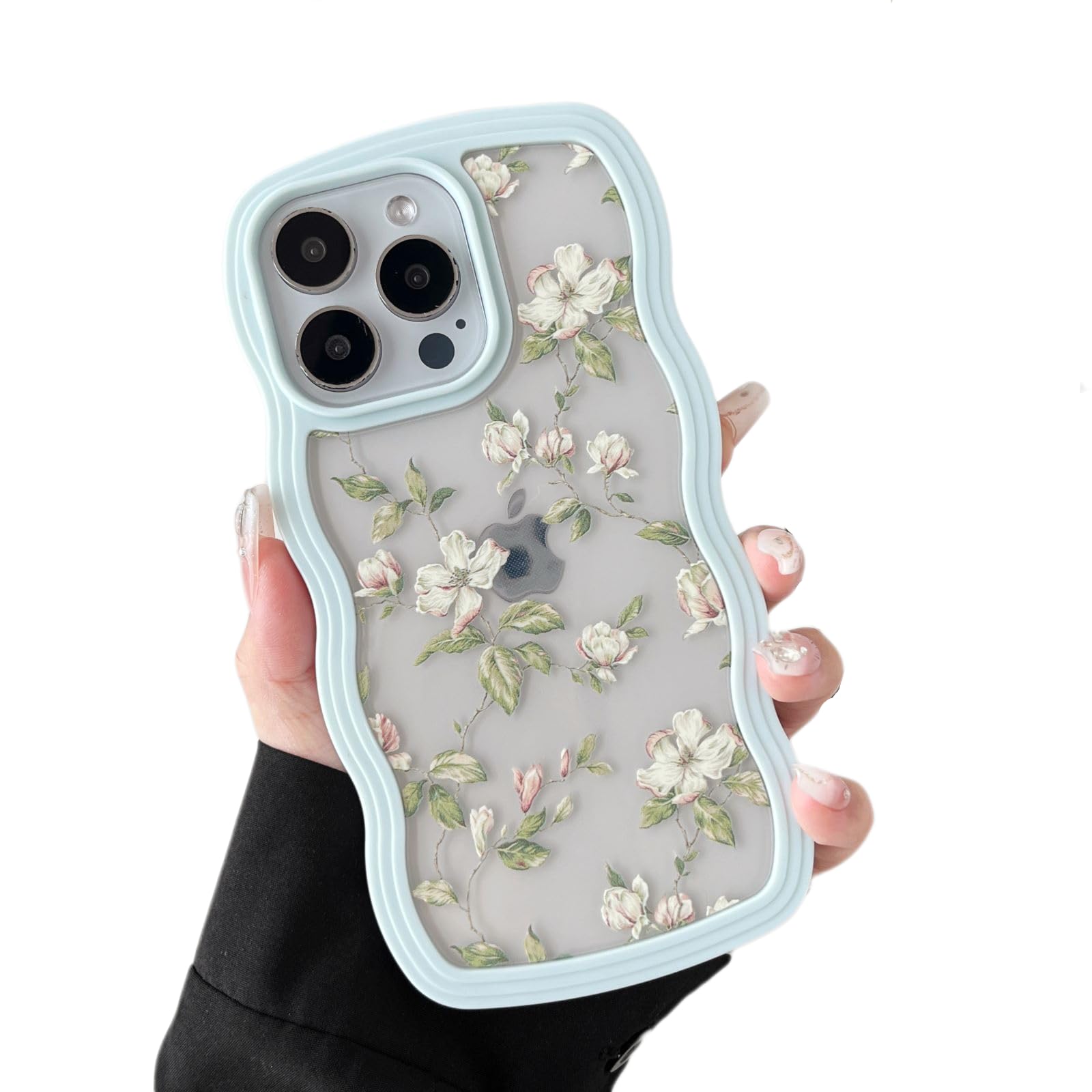 ZTOFERA Floral Case for iPhone 15 Pro Max 6.7 inch,Cute Curly Wave Frame Shape Case with Green Leaf Flower Pattern for Women Girls, Clear Soft Slim Shockproof Phone Case for iPhone 15 Pro Max, Green — image 1