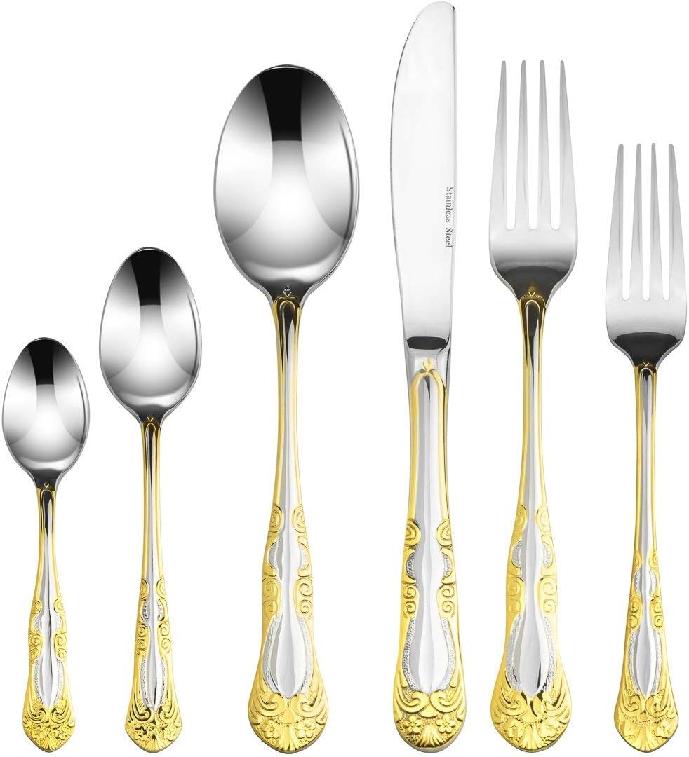 Italian Collection 75-Piece Premium Surgical Stainless Steel Silverware Flatware Set 18/10, Service for 12, 24K Gold-Plated Hostess Serving Set (Rococo)