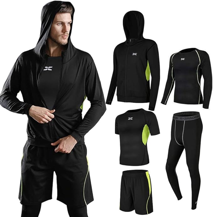 Amazon Tboonor コンプレッションウェア セット メンズ 5点セット スポーツウェア トレーニング ランニング 高弾力 吸汗速乾 長袖 半袖 ハーフパンツ タイツ ランニングウェア セット 黒 緑５点セット Xxl コンプレッショントップス 通販