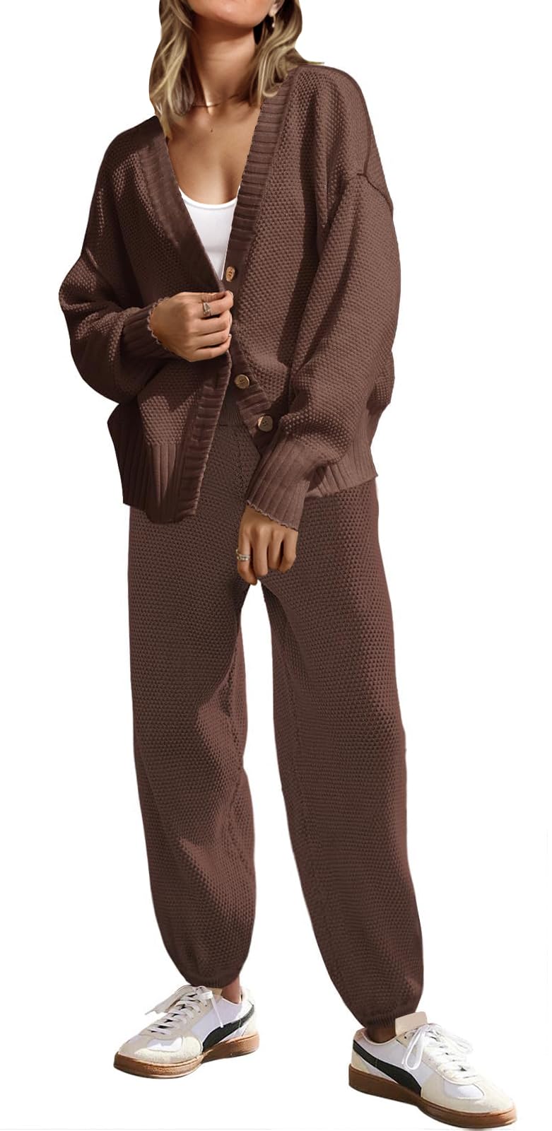 Photo 1 of SAUKOLE Womens 2 Piece Sweater Matching Sets Fashion Oversized Cardigan and Baggy Long Pants Knitted Outfits Set Sweatsuit MD