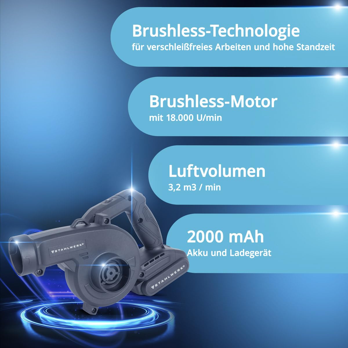 STAHLWERK 2-in-1 Akku-Laubbläser & Staubsauger MAG-20 ST – 20 V mit 2 Ah, kompakter Brushless Bläser für Garten, Straße, Werkstatt & Auto, handlicher Mini-Laubbläser bis zu 98 m/s und 18.000 U/min 3