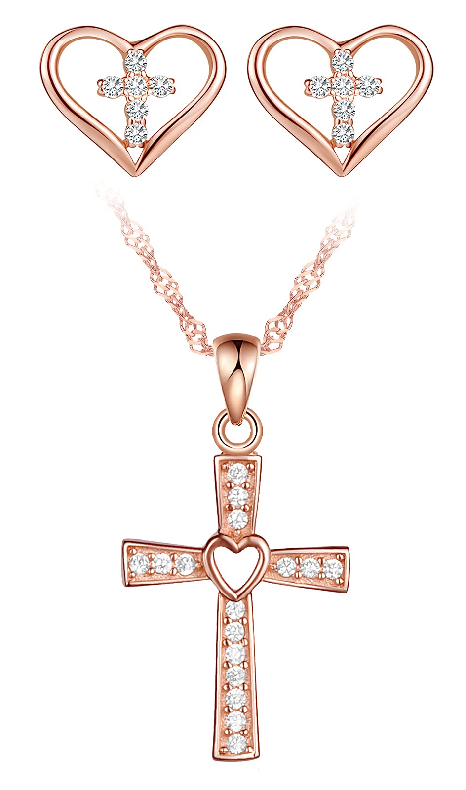 Yumilok Cross Jewelry Sets Silver Necklace Heart Stud Earrings Set Jewellery for Women, Rose gold