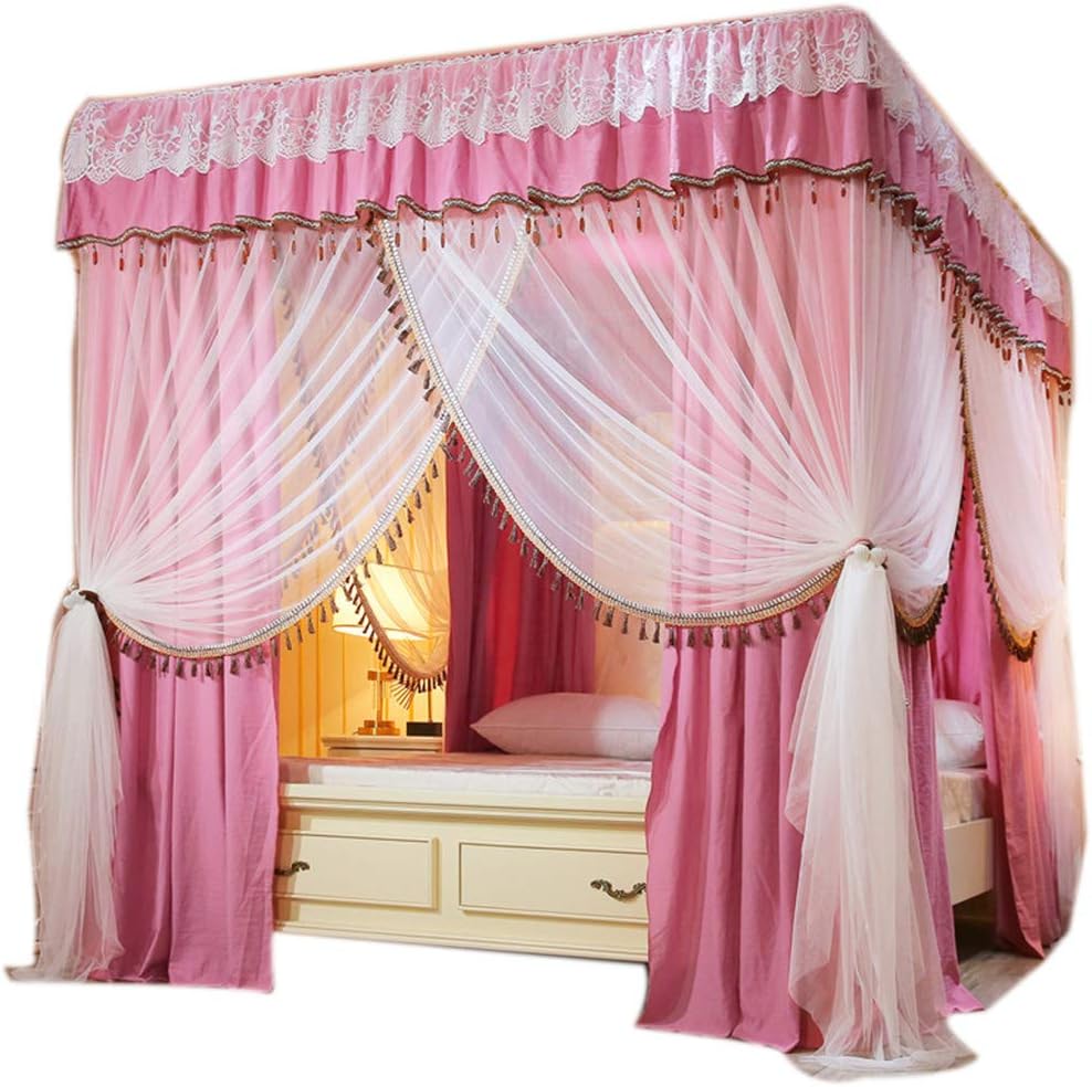ObokidlyPrincess America Village Four Corner Post Bed Curtain Canopy with Mosquito Net Windproof Lightproof Bed Canopy for Girls Boys Kids Gift Home Bedroom Decoration (Rose, California King)