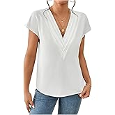 OYOANGLE Women's Dolman Sleeve Pleated Blouse Deep V Neck Dress Shirt Business Casual Outfits