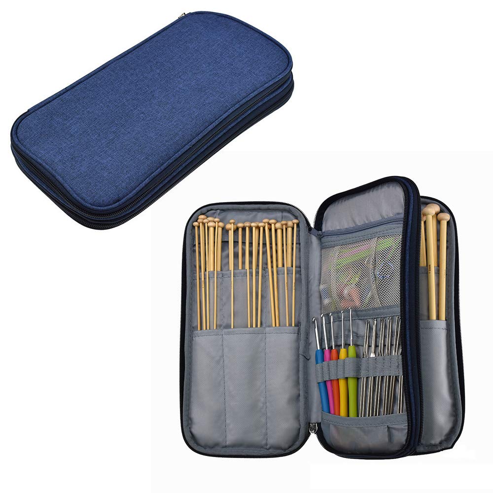 Hosoncovy Empty Knitting Needles Storage Bag Crochet Hook Case Organiser, Zip Carry Pouch with Double Layer Pockets, for Circular Straight Needles Hooks Tools Accessories