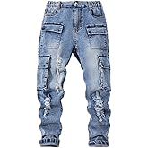 Nivne Tco Tween Boys Cargo Jeans Vintage Street Fashion Distressed Ripped Multi-Pocket Zipper Fly Denim Pants