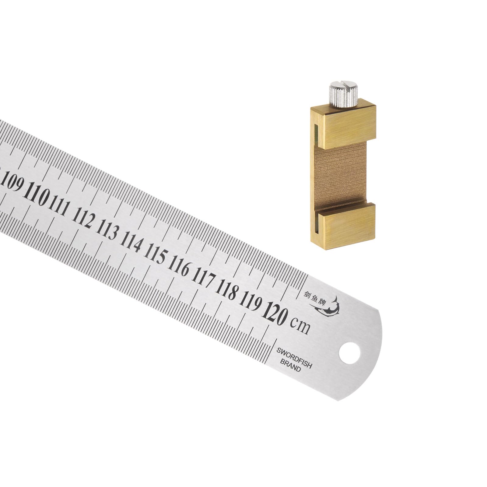 Kozelo Stainless Steel Ruler - [1.2m/48 Inch] Double Reading Measuring Tools with 40mm Scriber Block for Architectural Design Use | Gold Tone