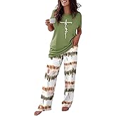 CHICME Womens Pajamas Sets 2 Piece Short Sleeve Lounge Set Printed Loose Pants Pj Sets Loungewear Set