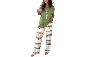 CHICME Womens Pajamas Sets 2 Piece Short Sleeve Lounge Set Printed Loose Pants Pj Sets Loungewear Set