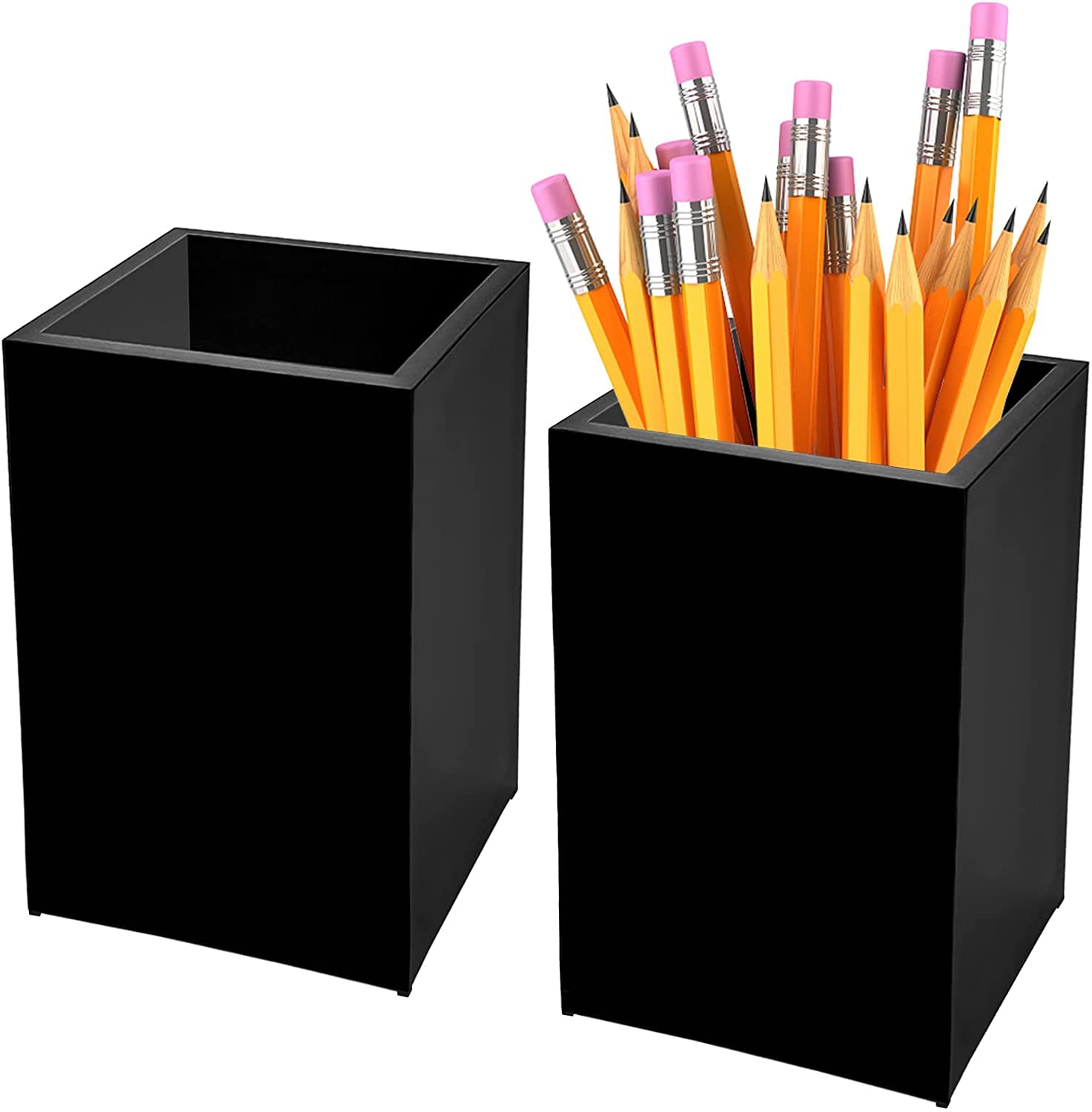 2 Pack Acrylic Pen Pot Acrylic Pen Pencil Holder Cup Desktop Stationery Makeup Brush Storage Organizer Candy Box for Desk Table, Office School Supplies 6.5 x 6.5 x 10 cm (Black Color - 2 Pack)