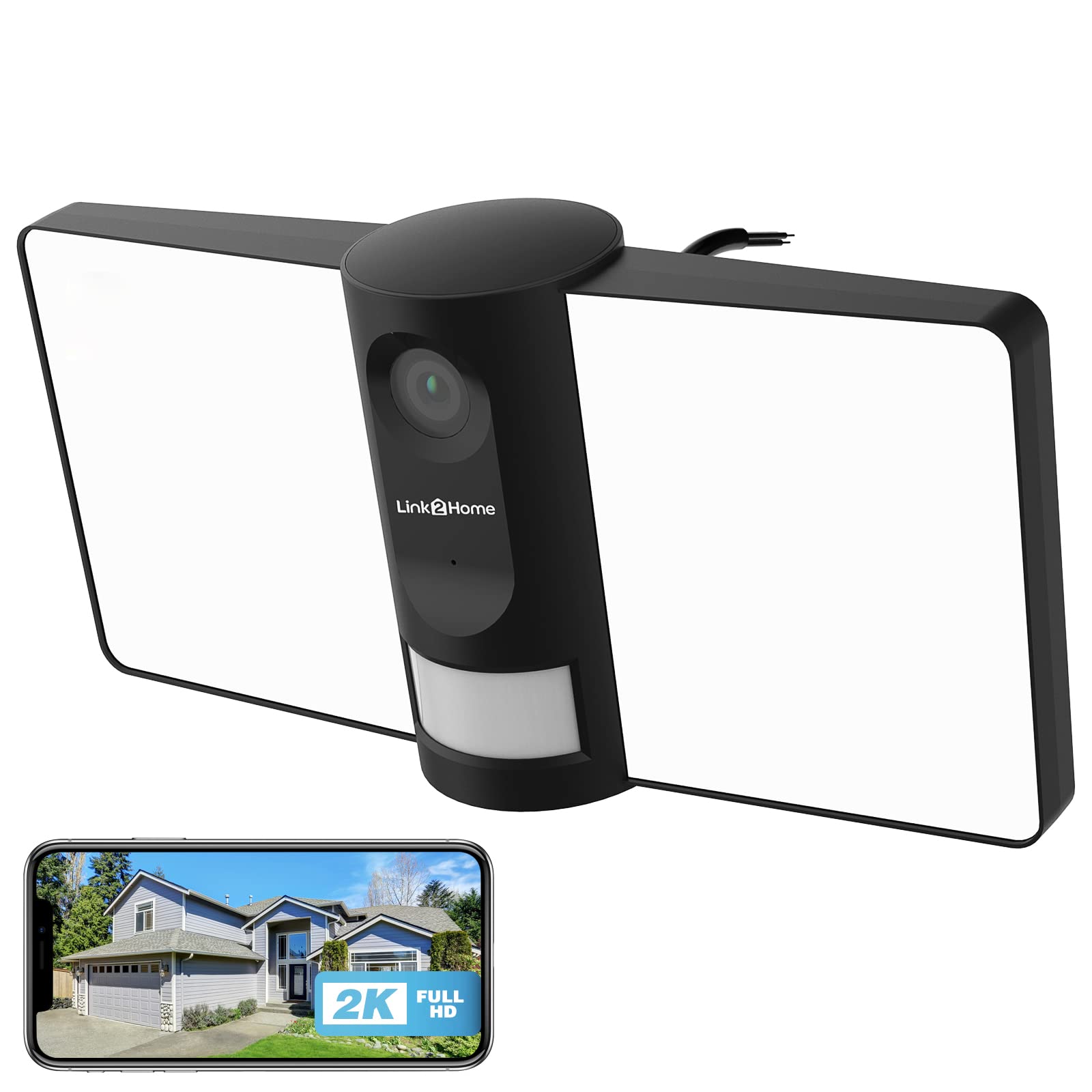 2K 4MP Security Floodlight Camera Outdoor, Link2Home 2.4G Wireless WiFi Wired Camera with Color Night Vision, PIR Motion Sensor, 2-way Audio, 2000lm Lights, Support Alexa/Google Assistant, Alarm,Black