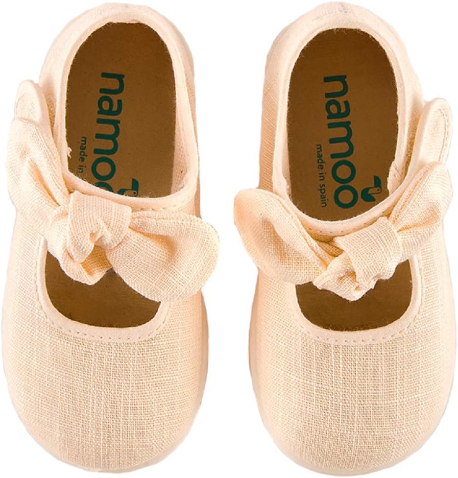 Namoo Kids Bow Linen Mary Jane, Rubber Sole, Baby-Toddler-Kid Shoe (Bone