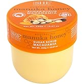 Om SHE Aromatherapy Manuka Honey Sugar Scrub with Macadamia 15.87oz - Exfoliating Body Scrub, Natural Sugar, Micro Bead Free, Rosehip Oil. Australian made.